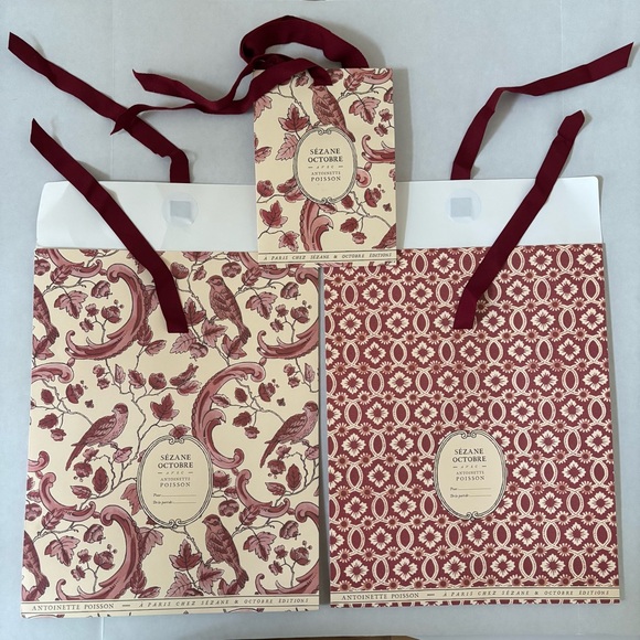 Sezane Handbags - Sezane Gift Bag Set Floral Red Bird Printed Paper Ribbon Handle French Red Cream